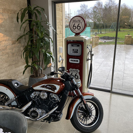 Route 66 retro gas pump in garage