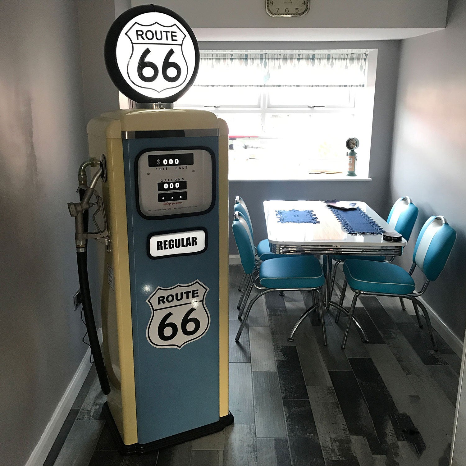 Route 66 Reproduction Vintage Petrol Pump in cafe