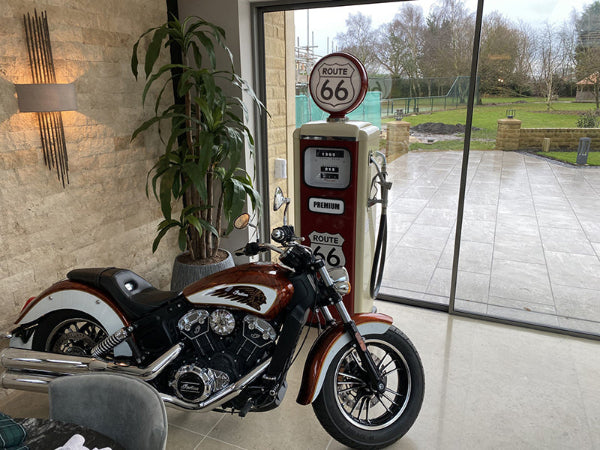 Route 66 retro gas pump in garage